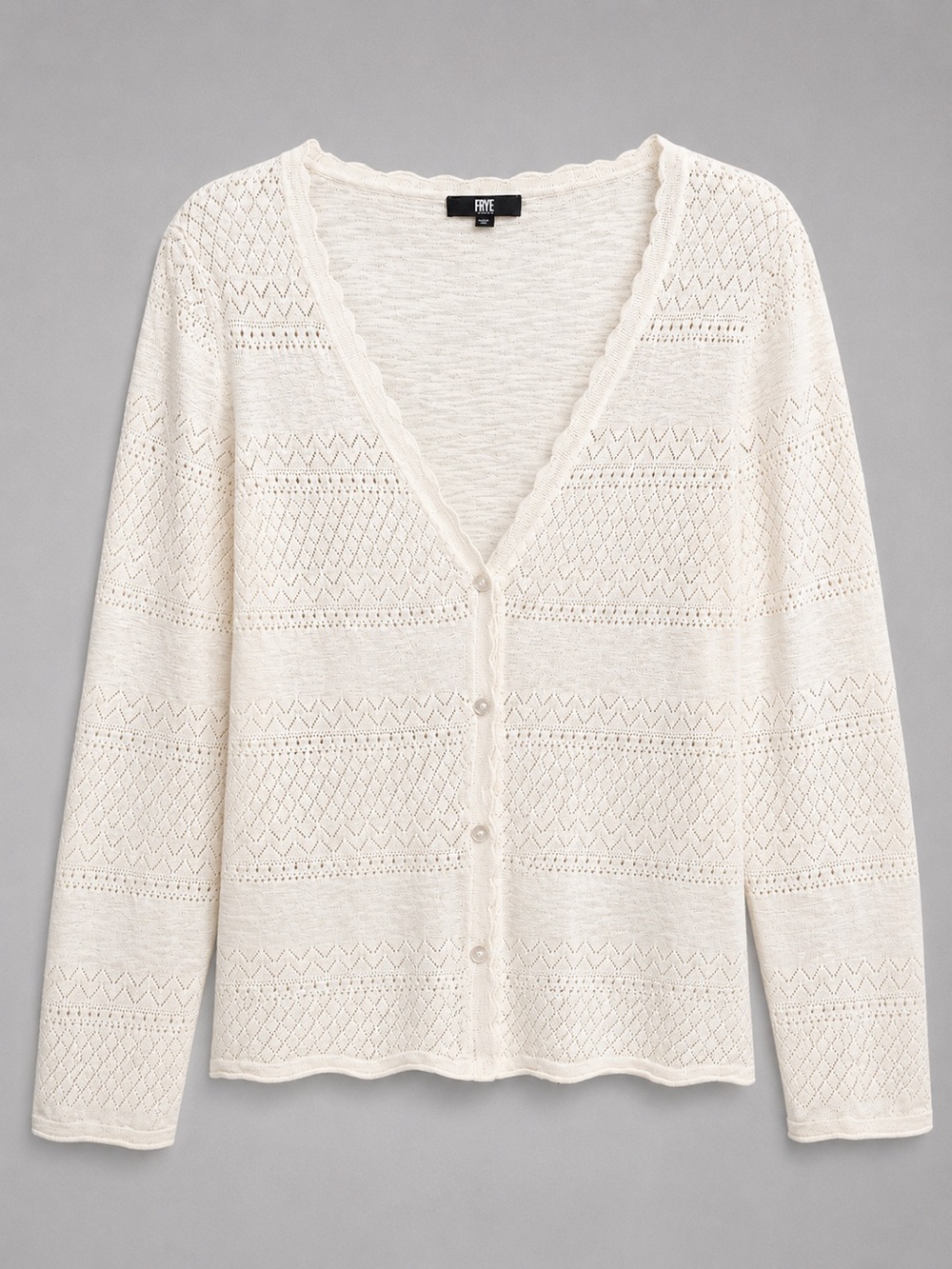 Frye 100% Cotton Pointelle Cardigan Sweater Ivory Button Front Academic Preppy